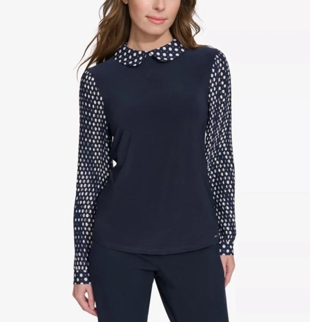 Tommy Hilfiger Women's Navy Collared Pleated-Sleeve Top Polka Dot size XL